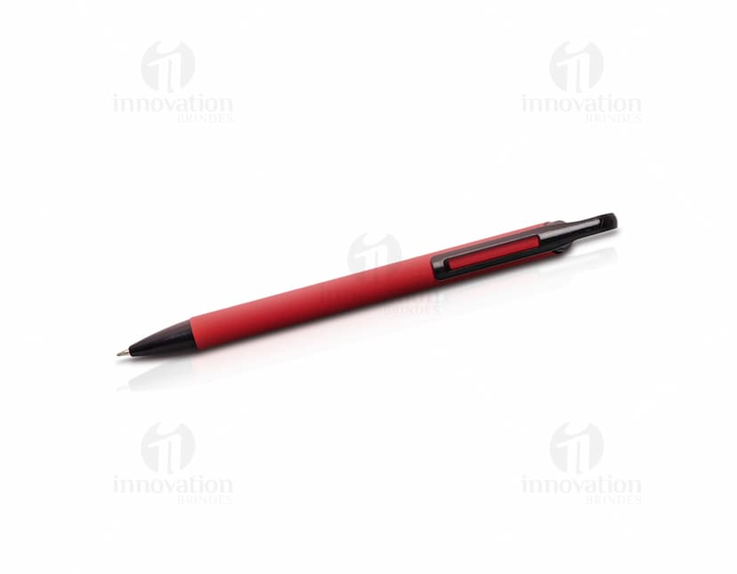 Caneta Metal Touch em tom de prata com ponta touch screen e detalhes em preto.