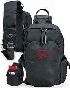 Mochila de ombro azul com capacidade de 6 litros, possui alças ajustáveis e bolso frontal com zipper.