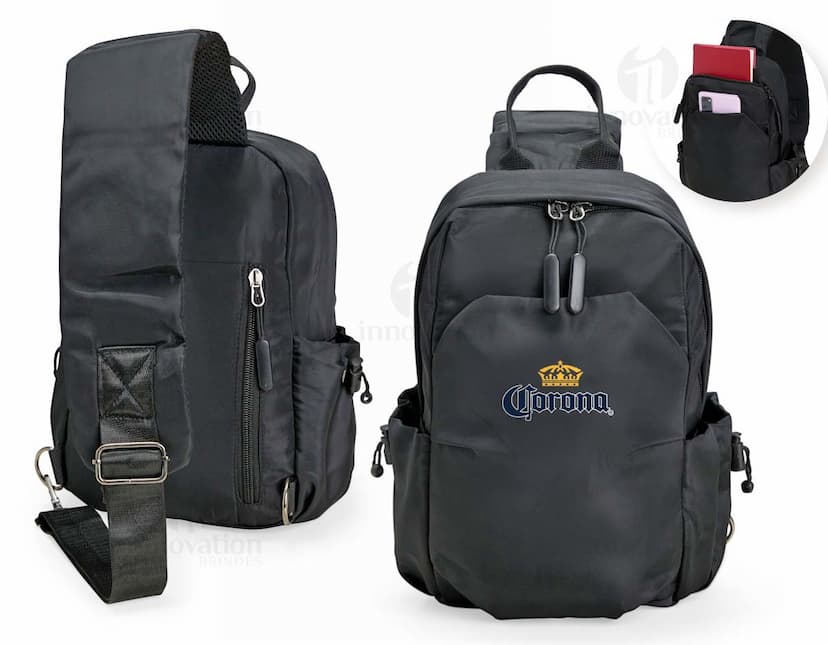 Mochila de ombro azul com capacidade de 6 litros, possui alças ajustáveis e bolso frontal com zipper.