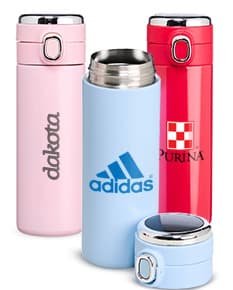 Garrafa Térmica em Inox 400ml na cor prata, com tampa e alça de transporte.
