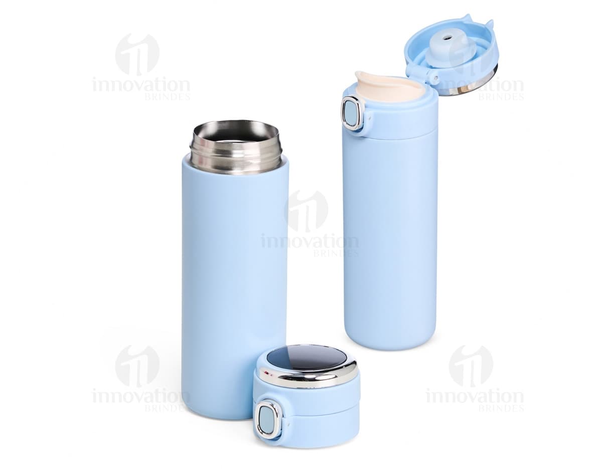 Garrafa Térmica em Inox 400ml na cor prata, com tampa e alça de transporte.