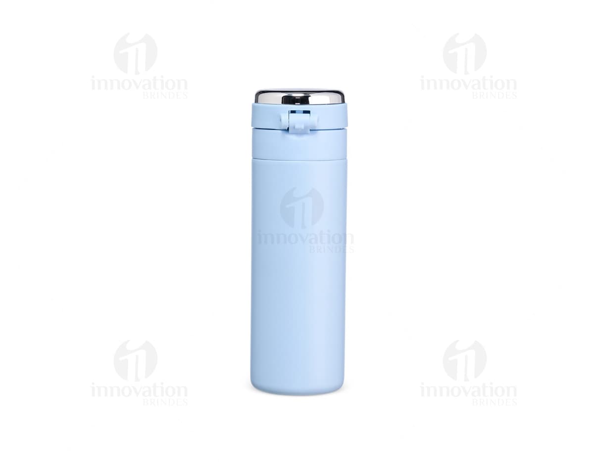 Garrafa Térmica em Inox 400ml na cor prata, com tampa e alça de transporte.