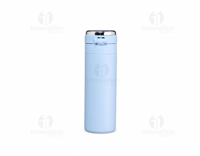 Garrafa Térmica em Inox 400ml na cor prata, com tampa e alça de transporte.