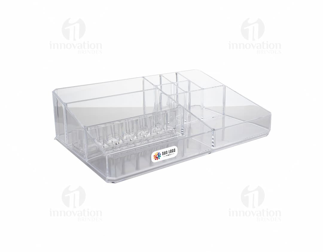 Organizador Acrílico transparente com cinco divisórias para armazenamento de objetos.