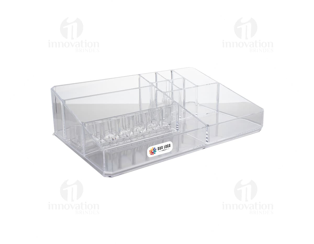 Organizador Acrílico transparente com cinco divisórias para armazenamento de objetos.