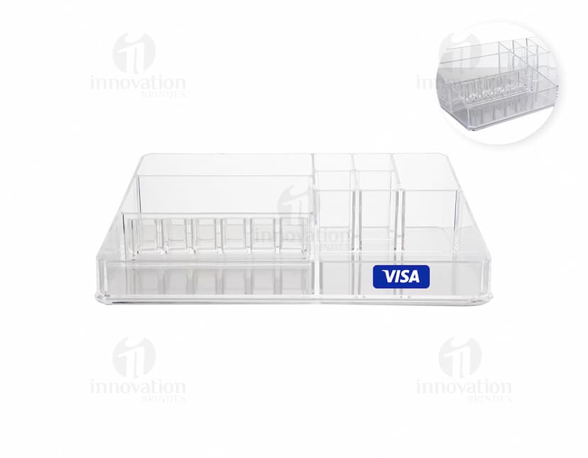 Organizador Acrílico transparente com cinco divisórias para armazenamento de objetos.