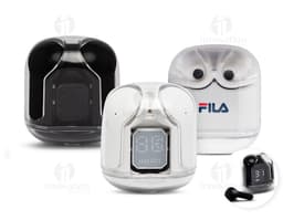 Auricular Bluetooth com case preto e elegante em fundo branco.