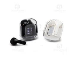 Auricular Bluetooth com case preto e elegante em fundo branco.