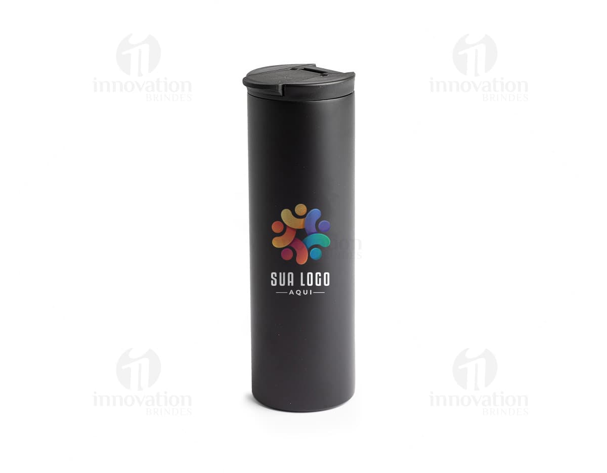 Copo Térmico 500ml na cor preta com tampa de rosca, ideal para manter a temperatura de bebidas quentes ou frias por mais tempo.