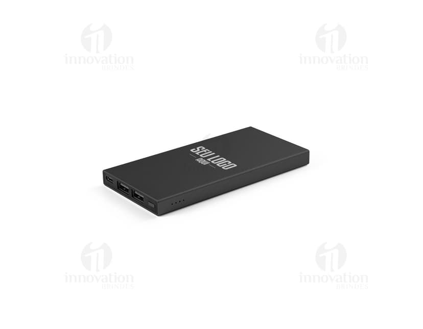 Bateria portátil de alumínio, com design moderno e compacto. Perfeita para o uso de dispositivos eletrônicos em qualquer lugar, oferecendo praticidade e mobilidade.