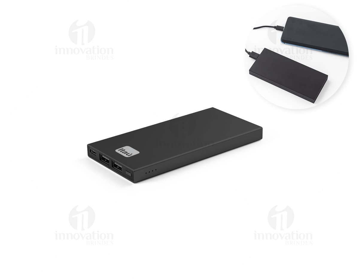 Bateria portátil de alumínio, com design moderno e compacto. Perfeita para o uso de dispositivos eletrônicos em qualquer lugar, oferecendo praticidade e mobilidade.
