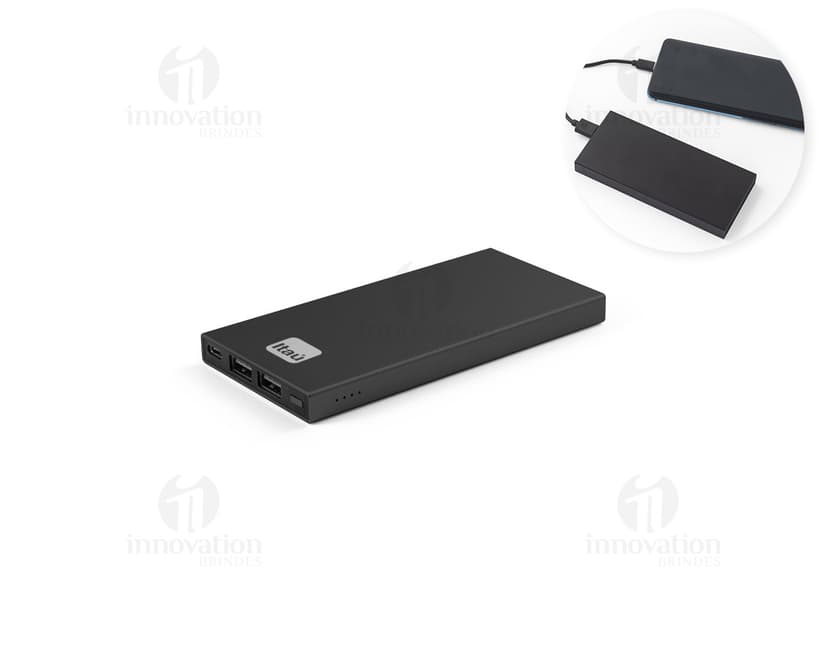 Bateria portátil de alumínio, com design moderno e compacto. Perfeita para o uso de dispositivos eletrônicos em qualquer lugar, oferecendo praticidade e mobilidade.