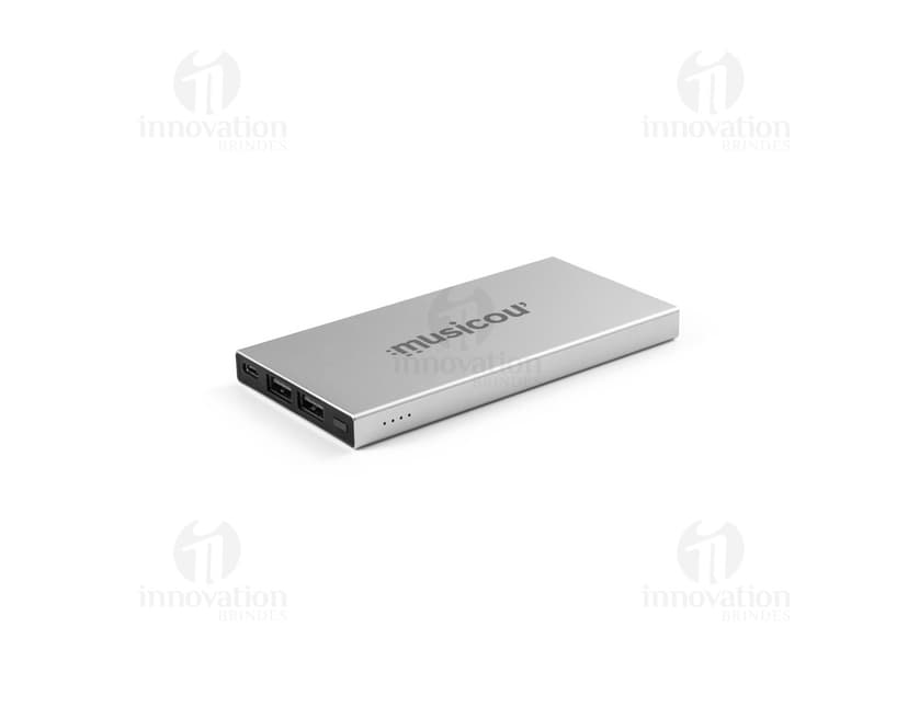 Bateria portátil de alumínio, com design moderno e compacto. Perfeita para o uso de dispositivos eletrônicos em qualquer lugar, oferecendo praticidade e mobilidade.