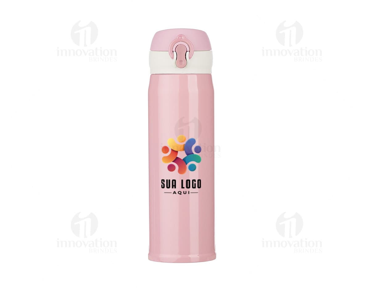 Garrafa térmica de 400ml em inox, com design moderno e colorido. A garrafa é feita de metal, possui superfície brilhante e é de cor roxa e rosa. O objeto é ideal para manter a temperatura de bebidas, sendo um item de higiene e cuidado com a saúde. A embalagem é metálica e tem formato de curva, com um adesivo colorido e textura de ondas. Ideal para presentes e decoração de festas e comemorações.