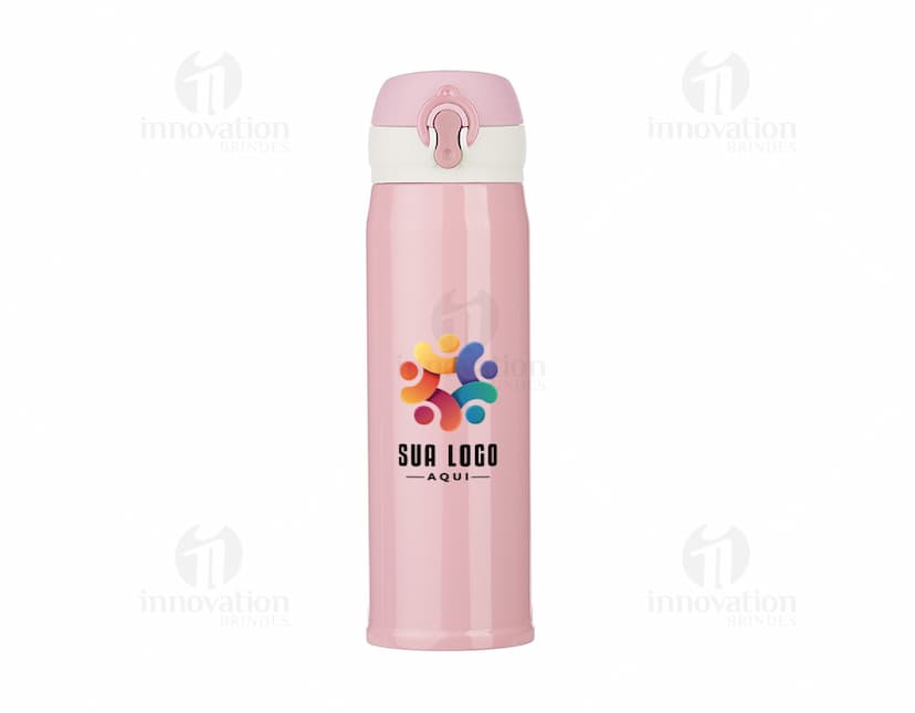 Garrafa térmica de 400ml em inox, com design moderno e colorido. A garrafa é feita de metal, possui superfície brilhante e é de cor roxa e rosa. O objeto é ideal para manter a temperatura de bebidas, sendo um item de higiene e cuidado com a saúde. A embalagem é metálica e tem formato de curva, com um adesivo colorido e textura de ondas. Ideal para presentes e decoração de festas e comemorações.