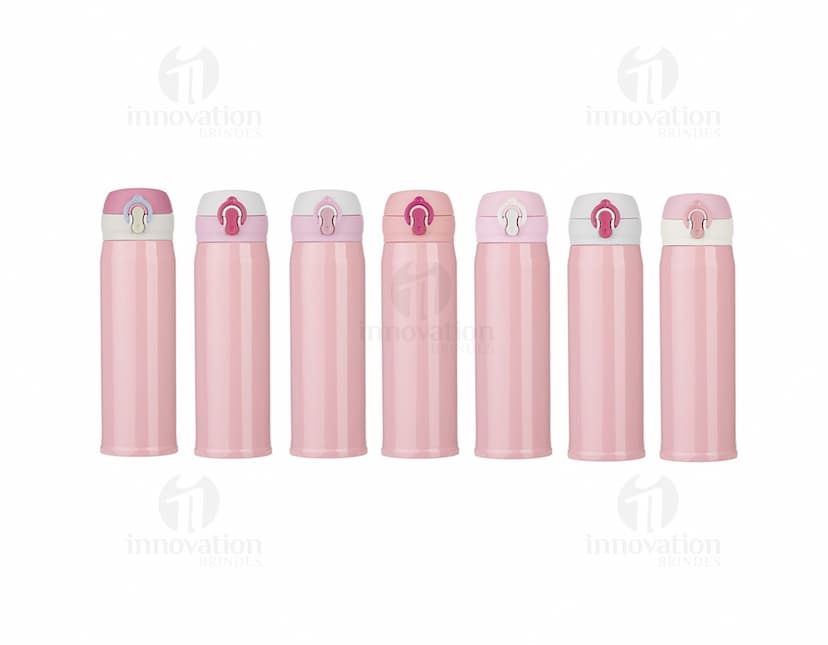 Garrafa térmica de 400ml em inox, com design moderno e colorido. A garrafa é feita de metal, possui superfície brilhante e é de cor roxa e rosa. O objeto é ideal para manter a temperatura de bebidas, sendo um item de higiene e cuidado com a saúde. A embalagem é metálica e tem formato de curva, com um adesivo colorido e textura de ondas. Ideal para presentes e decoração de festas e comemorações.