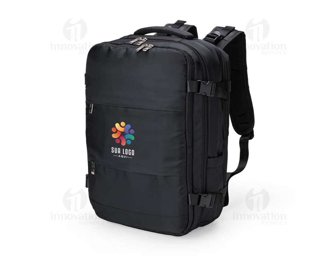 Black 41-liter travel backpack made of synthetic leather with zipper, hand strap, and adjustable shoulder strap. Ideal for