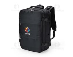 Black 41-liter travel backpack made of synthetic leather with zipper, hand strap, and adjustable shoulder strap. Ideal for