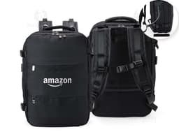 Black 41-liter travel backpack made of synthetic leather with zipper, hand strap, and adjustable shoulder strap. Ideal for