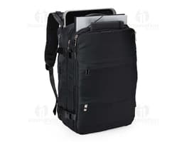 Black 41-liter travel backpack made of synthetic leather with zipper, hand strap, and adjustable shoulder strap. Ideal for