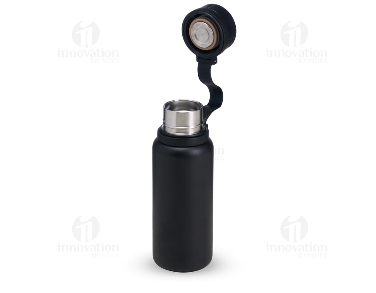 Garrafa Térmica 600ml de cor marrom transparente, feita de plástico, com tampa e design simples. Ideal para armazenar líquidos quentes ou frios para manter a temperatura por mais tempo.