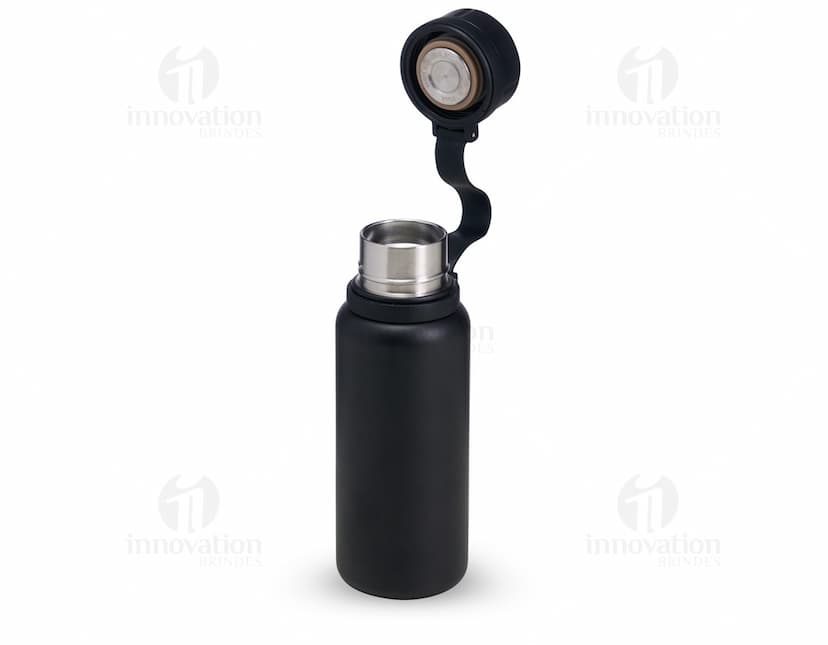 Garrafa Térmica 600ml de cor marrom transparente, feita de plástico, com tampa e design simples. Ideal para armazenar líquidos quentes ou frios para manter a temperatura por mais tempo.