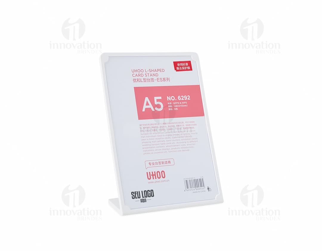 Expositor Porta Retrato A5 moderno e corporativo, com design clean e visual atraente. Ideal para apresentar fotos ou mensagens de forma elegante e profissional.