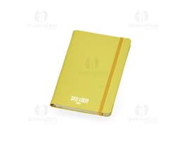 Caderneta Emborrachada com Wire-o em amarelo, design de quadro adesivo vazio em um notebook aberto, com papel em branco e um