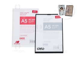 Expositor Acrílico A5 em um design moderno e limpo, com espaço para inserção de informações e elementos gráficos. Ideal para