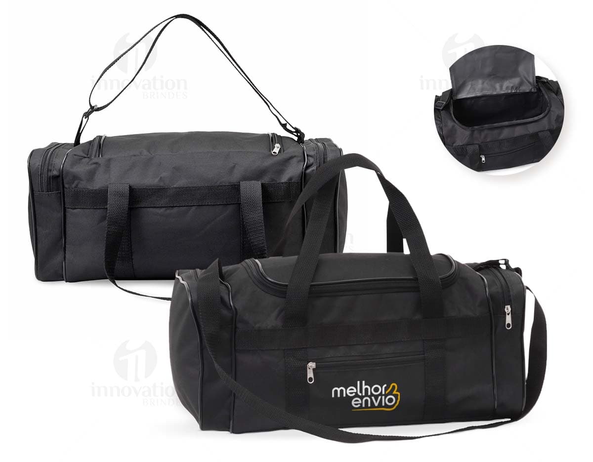 Bolsa de nylon preta com alça de couro, zipper e fivela. Moderna e elegante, ideal para compras e viagens. Único compartimento de 23 litros, com bolsos internos e externos. Elegante e prática, combina estilo e funcionalidade.