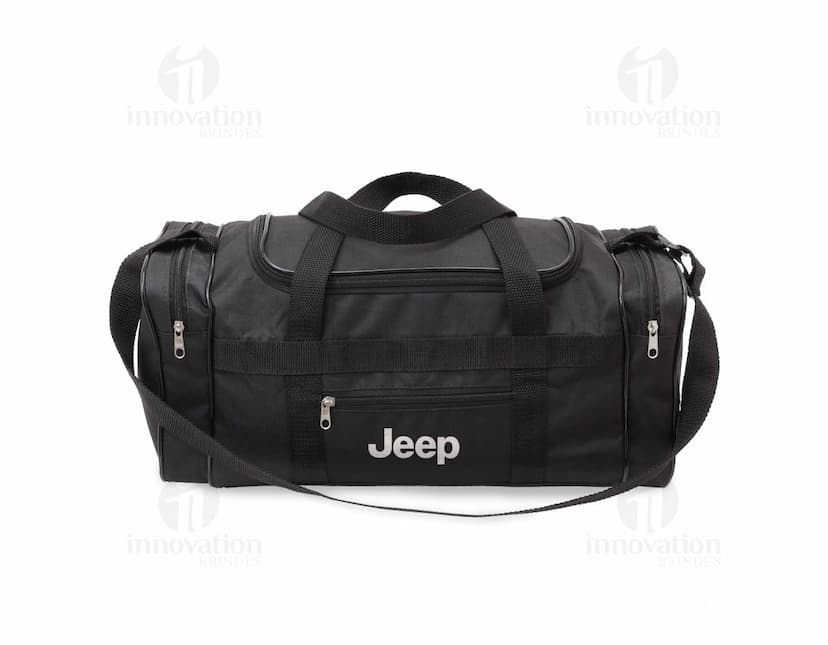 Bolsa de nylon preta com alça de couro, zipper e fivela. Moderna e elegante, ideal para compras e viagens. Único compartimento de 23 litros, com bolsos internos e externos. Elegante e prática, combina estilo e funcionalidade.