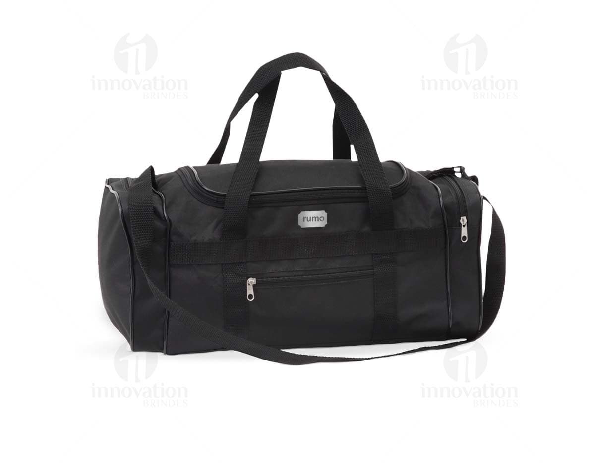 Bolsa de nylon preta com alça de couro, zipper e fivela. Moderna e elegante, ideal para compras e viagens. Único compartimento de 23 litros, com bolsos internos e externos. Elegante e prática, combina estilo e funcionalidade.