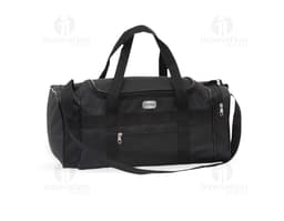Bolsa de nylon preta com alça de couro, zipper e fivela. Moderna e elegante, ideal para compras e viagens. Único