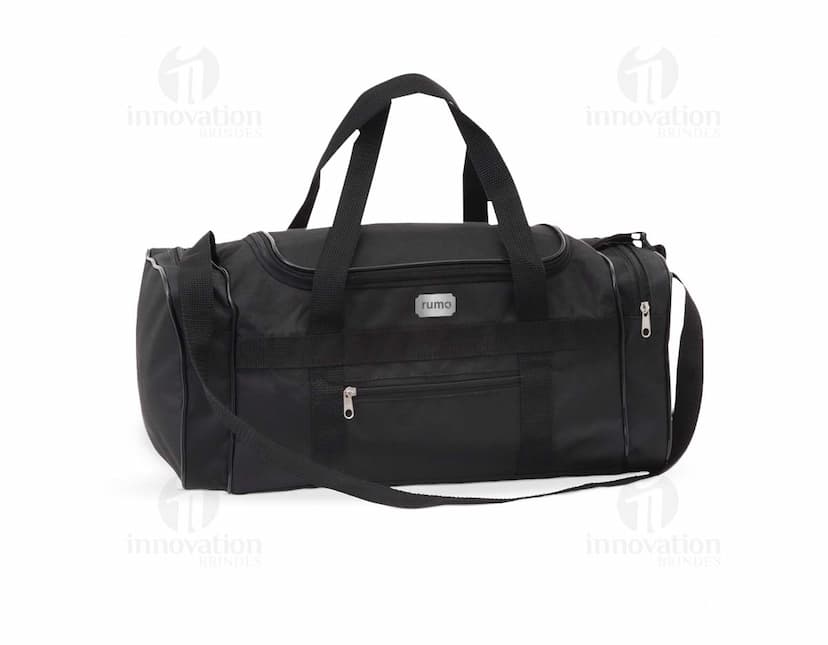Bolsa de nylon preta com alça de couro, zipper e fivela. Moderna e elegante, ideal para compras e viagens. Único compartimento de 23 litros, com bolsos internos e externos. Elegante e prática, combina estilo e funcionalidade.