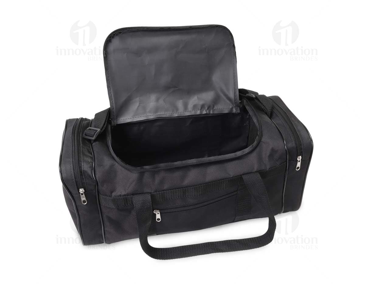 Bolsa de nylon preta com alça de couro, zipper e fivela. Moderna e elegante, ideal para compras e viagens. Único compartimento de 23 litros, com bolsos internos e externos. Elegante e prática, combina estilo e funcionalidade.