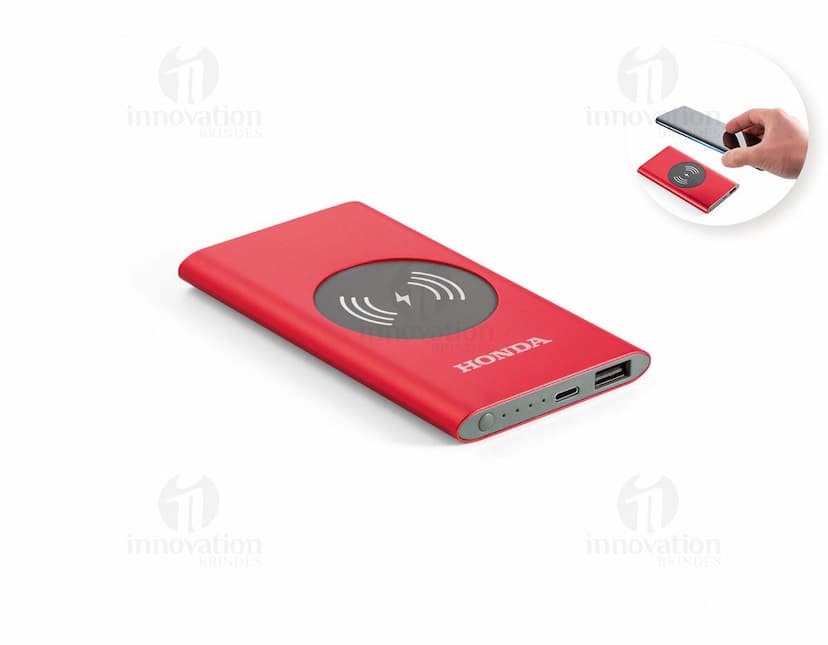 Power Bank Wireless em alumínio, um dispositivo tecnológico de comunicação móvel para negócios. Equipamento com tela, teclado e botões, moderno e portátil. Conexão sem fio, armazenamento de energia, design elegante e resistente.