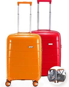 Mala de bordo de 40 litros em design moderno e vibrante, na cor violeta e detalhes em laranja. Feita de metal cromado, possui alça, botões e fechos metálicos. Ícone de indústria e negócios, ideal para armazenamento e transporte, com tecnologia avançada e aparência atraente.