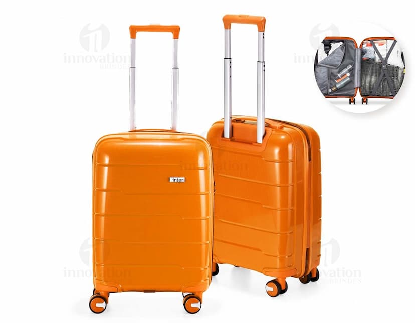 Mala de bordo de 40 litros em design moderno e vibrante, na cor violeta e detalhes em laranja. Feita de metal cromado, possui alça, botões e fechos metálicos. Ícone de indústria e negócios, ideal para armazenamento e transporte, com tecnologia avançada e aparência atraente.