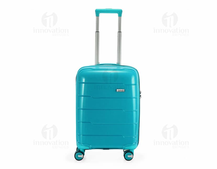 Mala de bordo de 40 litros em design moderno e vibrante, na cor violeta e detalhes em laranja. Feita de metal cromado, possui alça, botões e fechos metálicos. Ícone de indústria e negócios, ideal para armazenamento e transporte, com tecnologia avançada e aparência atraente.