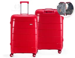 Breve descrição da imagem: Conjunto de malas de viagem 95 litros em 3D, com design moderno e vibrante. As malas são de metal