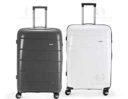 Breve descrição da imagem: Conjunto de malas de viagem 95 litros em 3D, com design moderno e vibrante. As malas são de metal