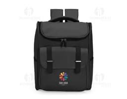 Mochila de couro sintético preta de 29 litros, mostrada em um ambiente de escritório moderno. A mochila está vazia e possui