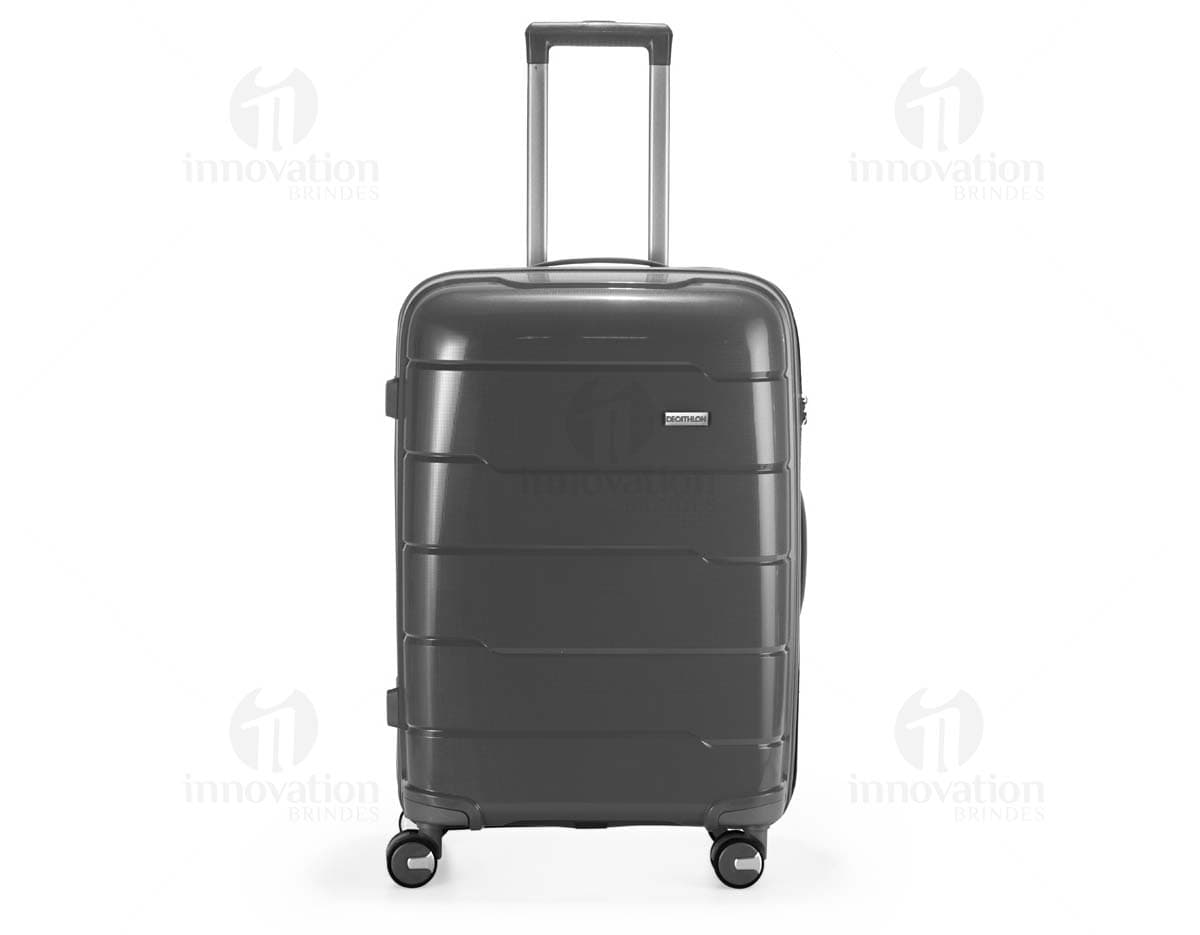 Compressor de ar metálico em 3D, com bolsa e dispositivo mecânico. Possui válvula cromada, botão de símbolo e ícone, em um conjunto roxo vibrante. O design é simples e moderno, com borda brilhante, em formato quadrado. Ideal para armazenar e transportar energia e ferramentas.