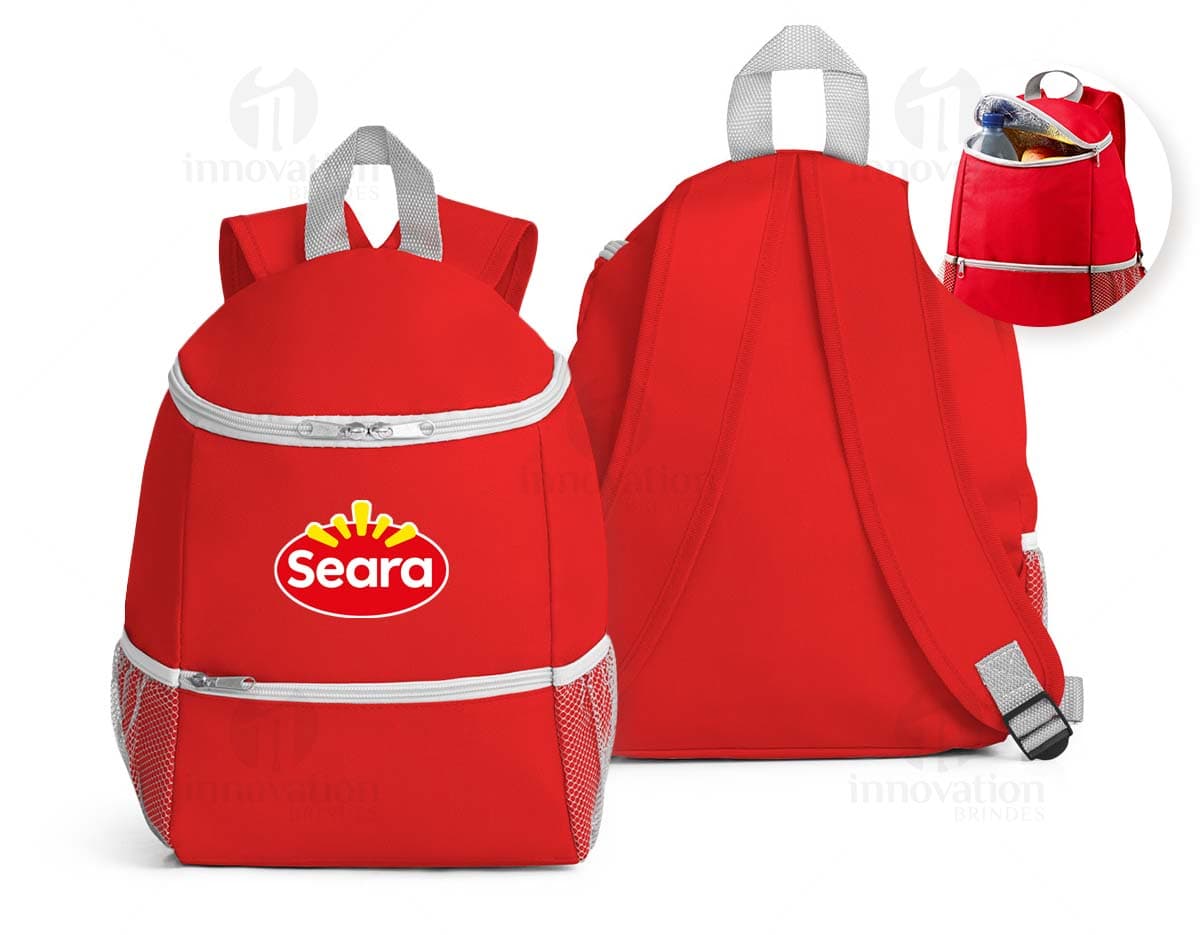 Mochila térmica de 10 litros em destaque, feita de material plástico resistente. A mochila contém um recipiente especial para armazenamento de líquidos, como garrafas de água. A embalagem possui um rótulo com informações sobre o produto e design colorido, ideal para viagens e passeios.