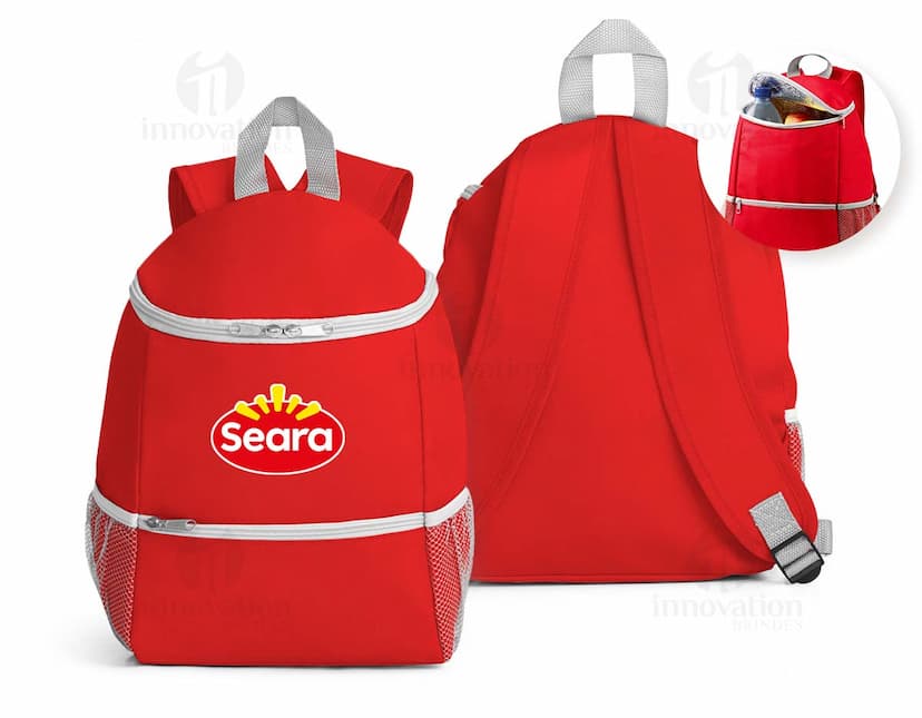 Mochila térmica de 10 litros em destaque, feita de material plástico resistente. A mochila contém um recipiente especial para armazenamento de líquidos, como garrafas de água. A embalagem possui um rótulo com informações sobre o produto e design colorido, ideal para viagens e passeios.