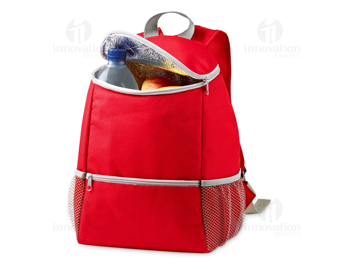 Mochila térmica de 10 litros em destaque, feita de material plástico resistente. A mochila contém um recipiente especial para armazenamento de líquidos, como garrafas de água. A embalagem possui um rótulo com informações sobre o produto e design colorido, ideal para viagens e passeios.