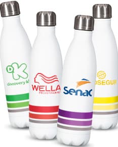 Garrafa Inox 750ml, contendo líquido transparente, com rótulo amarelo e tampa.