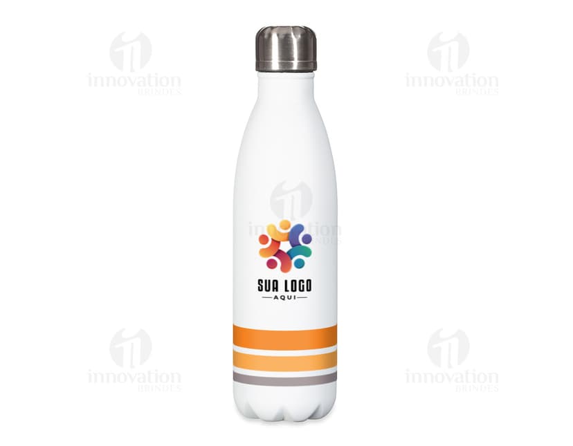 Garrafa Inox 750ml, contendo líquido transparente, com rótulo amarelo e tampa.