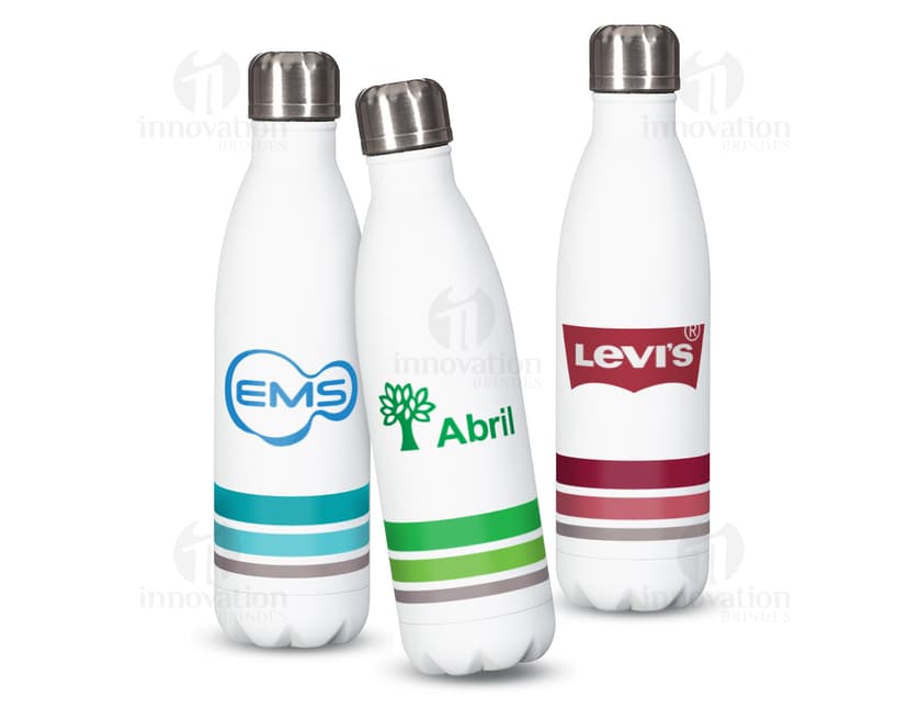 Garrafa Inox 750ml, contendo líquido transparente, com rótulo amarelo e tampa.