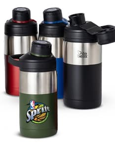 Garrafa térmica de 350ml em metal prateado, com tampa preta e design clean. O objeto contém líquido e reflete o ambiente ao seu redor, representando um equipamento tecnológico para armazenar bebidas quentes ou frias.